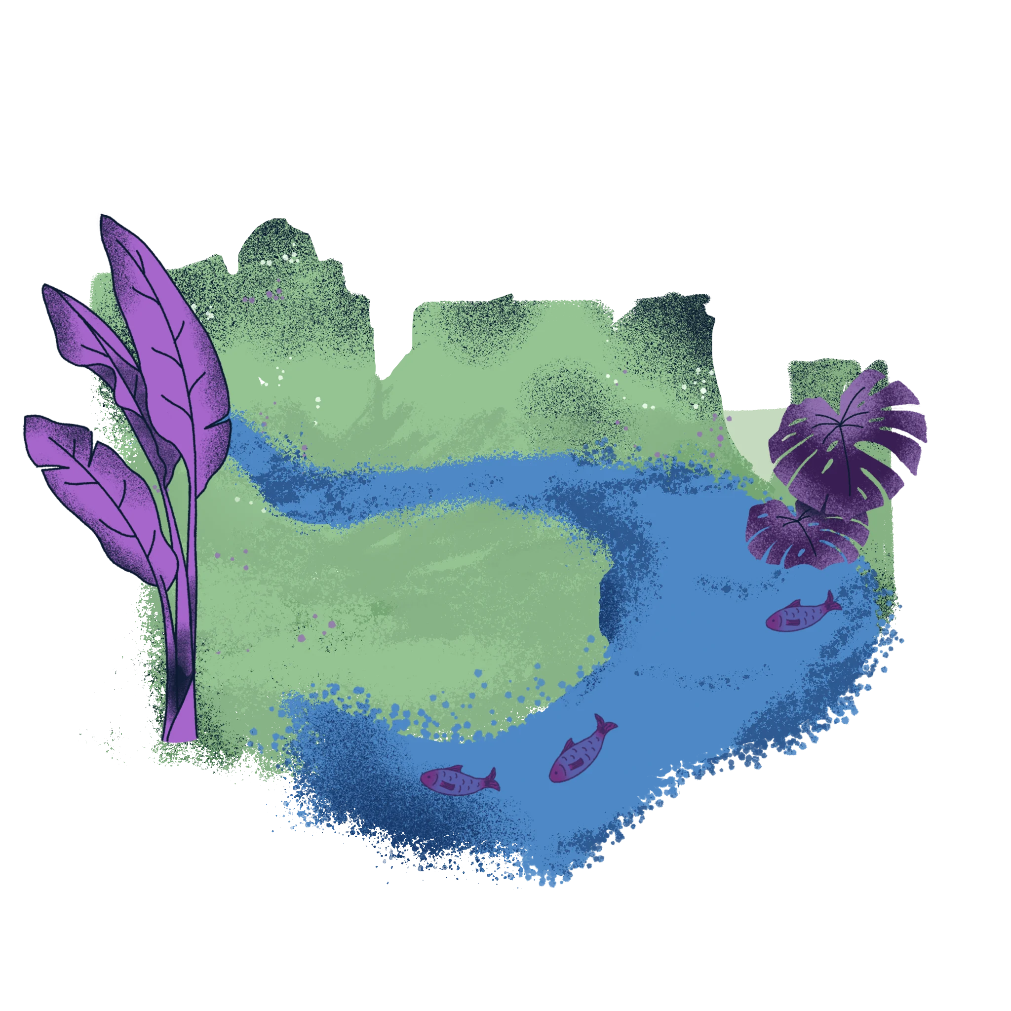 Ilustração de paisagem com rio, peixes e vegetação